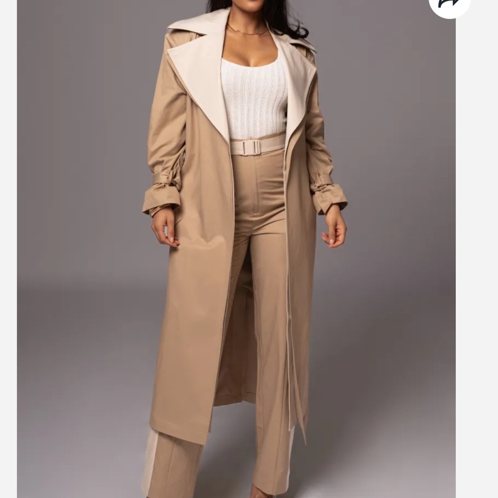 JLUXLABEL Beige Tan Trench Coat with Cream Lapel